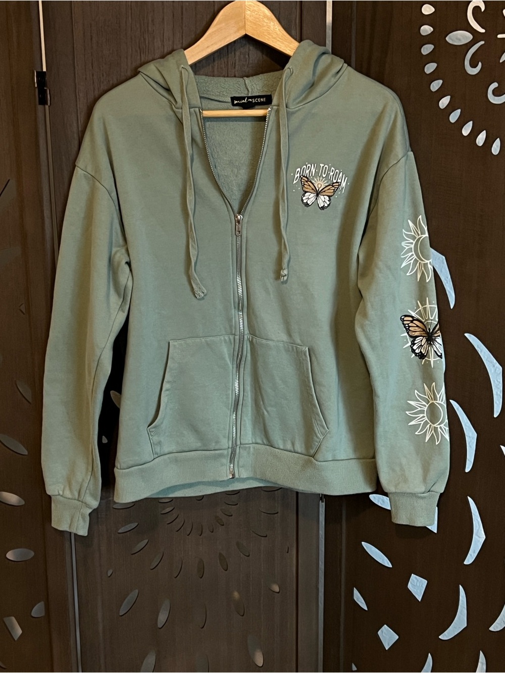 Born To Roam Olive Green Butterfly Zip Hoodie
